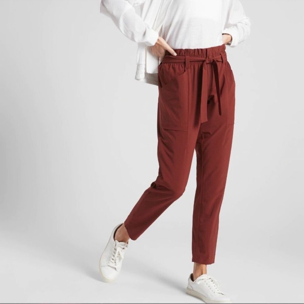Athleta Skyline II Cognac Rust Red Brown Paper Bag Tie Belt Waist Work Pants 0